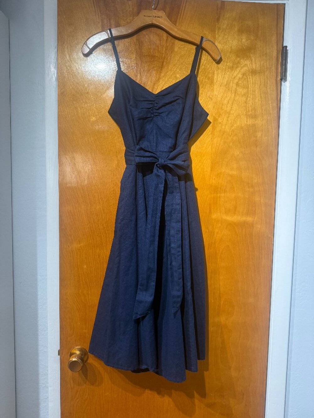 Gap navy blue linen dress sleeveless shirred bodice size 12